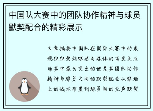 中国队大赛中的团队协作精神与球员默契配合的精彩展示