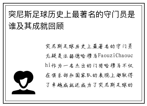突尼斯足球历史上最著名的守门员是谁及其成就回顾