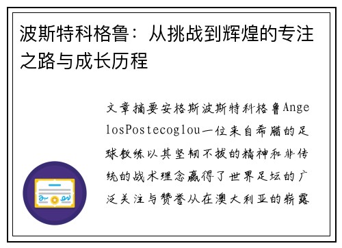 波斯特科格鲁：从挑战到辉煌的专注之路与成长历程